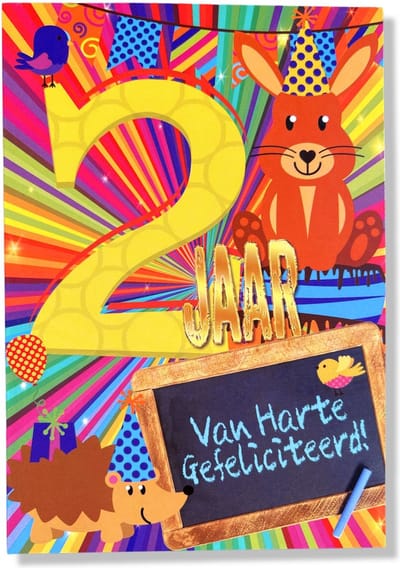Hoera 2 Jaar! Luxe verjaardagskaart - 12x17cm - Gevouwen Wenskaart inclusief envelop - Leeftijdkaart