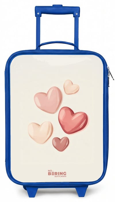 NoBoringSuitcases.com® - Kinderkoffer blauw - Kindertrolley jongen - Zwevende harten in zachte rode en roze tinten - Koffer kind lichtgewicht - Reiskoffer trolley voor kinderen - Koffertje met lichtgevende wieltjes - Rolkoffer