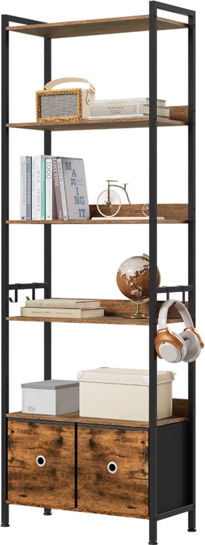 RosaBloom boekenkast - Kast - Opbergkast - Stalen frame - 5 lagen - 2 lades - 63x187x30 cm - Industrieel - Zwart/bruin