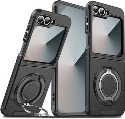 Hoesje Geschikt voor Samsung Galaxy Z Flip 7 FE - Flip 6 hoesje Zwart backcover met Met Draaibare Ring Houder en camera bescherming