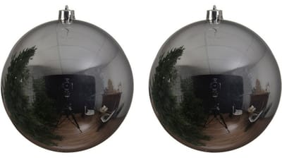 Decoris grote kerstbal - 2x - zilver - glans - kunststof - 14 cm - onbreekbaar - kerstversiering - kerstboomversiering