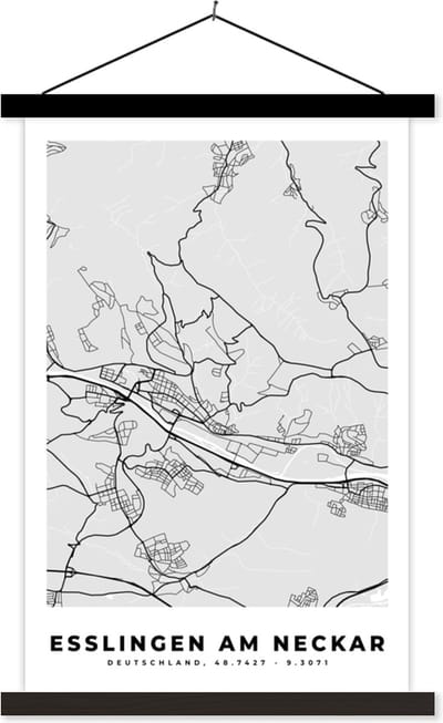 Posterhanger incl. Poster 40x60 cm - Schoolplaat - Esslingen Am Heckar- Kaart - Stadskaart - Plattegrond - Duitsland - Textielposter - Zwarte latten - Stadskaart