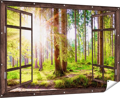 Gards Tuinposter Doorkijk Bos met Zon tussen de Bomen - 180x120 cm - Tuindoek - Tuindecoratie - Wanddecoratie buiten - Tuinschilderij