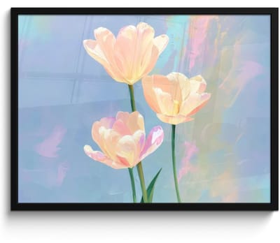 Poster in lijst - Fotolijst 80x60 cm - Posters - Tulpen - Roze accenten - Blauw - Posterlijst zwart - Decoratie - Wanddecoratie woonkamer - Muurdecoratie slaapkamer