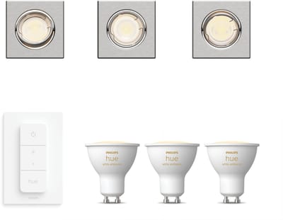 Philips Hue Peridot Set van 3 Inbouwspots (Nikkel) - Vierkant - Richtbaar - GU10 - Warm tot Koelwit Licht - Incl. Hue Dimmer Switch - Hue White Ambiance