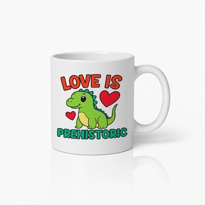 Love Is Prehistoric Mok 330ml – Schattige Dinosaurus Koffiebeker met Hartjes – Grappig Cadeau voor Koppels & Dino Liefhebbers