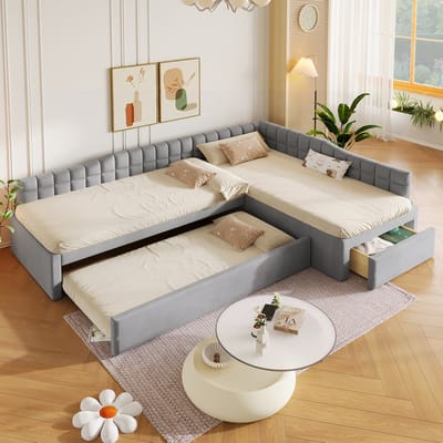 L-vormig gestoffeerd bed - Bed 90x200 cm met onderschuifbed - Grijs fluwelen bed - Met opbergladen - Voor kinder- en logeerkamer