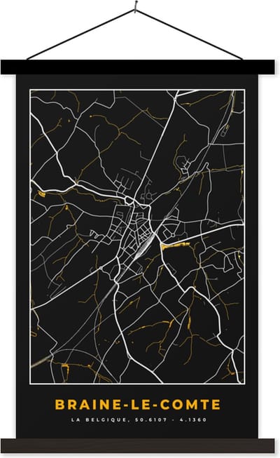 Posterhanger incl. Poster 40x60 cm - Schoolplaat - Plattegrond - Kaart - Goud - Braine-le-Comte - Stadskaart - Textielposter - Zwarte latten - Stadskaart