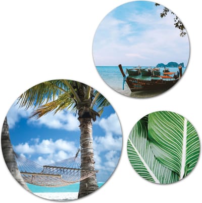 Forex Muurcirkel Set -  Set Hangmat op het Strand - Set van 3 Wandcirkels met Ophangsystemen - 30x40x50