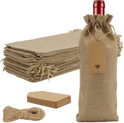 Dailygoods- Wijnzakken 30 stuks - Jute Wijnzakken 15 x 35 cm - Cadeauzakjes - Flessen voor Bruiloften - Feestelijke Fleszakjes - Met Trekkoord en Hanger - Wijnfleszakjes