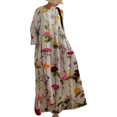 Damesjurk Bloemenprint A-lijn Grote Zoom Lange Mouwen Losse Ronde Hals met Zijzakken Geplooid Casual Enkellengte Maxi-jurk M abrikoos