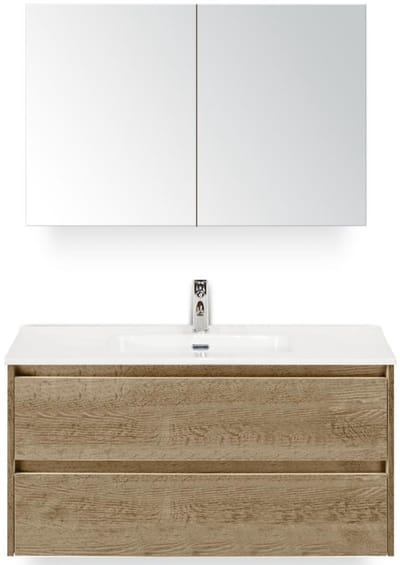 Dante Badmeubelset 100 cm - Natuur Eiken - Keramische Wastafel Wit Cover met Spiegelkast