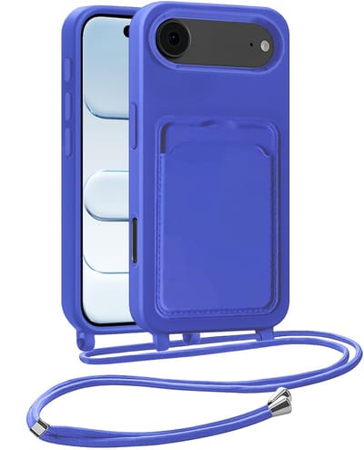 Hoesje Geschikt voor iPhone Air Hoesje Met Telefoonkoord en Pasjeshouder Siliconen - Hoes Geschikt voor iPhone Air Hoesje Met Kaarthouder Case - Felblauw