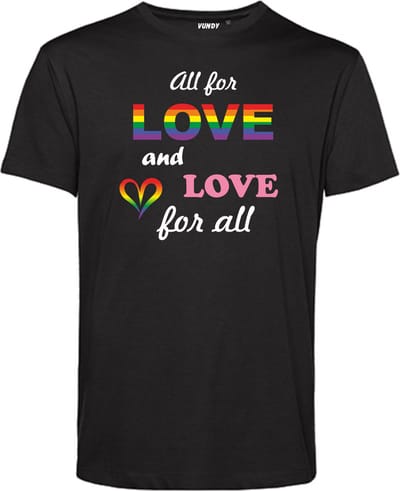 T-shirt Love For All | Gay pride shirt kleding | Regenboog kleuren | LGBTQ | Zwart | maat XS