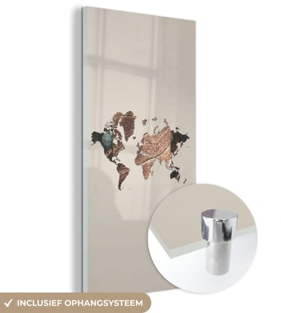 ® Glasschilderij 60x120 cm - Schilderij acrylglas - Wereldkaart - Hout - Bruin - Foto op glas - Muurdecoratie woonkamer - Wanddecoratie slaapkamer - Schilderijen