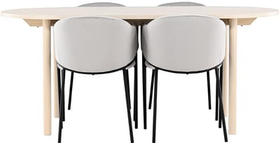 Andy eethoek tafel 90x180cm en 4 velours stoelen met armleuningen whitewash.