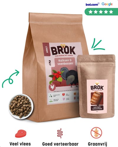 BROK Hondenbrokken Kalkoen & Veenbessen – Graanvrij en Gezond Hondenvoer – Proefpakket 2kg – Veel Vlees – Voor Kieskeurige Volwassen Honden​