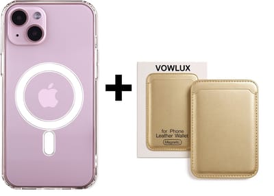 VOWLUX Compatible MagSafe Hoesje voor iPhone 15 Transparant – Inclusief Gouden Wallet Pasjeshouder – 24 Magneten – Kunstleer – 3 Kaarten – Shockproof Case