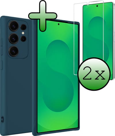 Hoesje Met 2x Screenprotector - Geschikt voor Samsung Galaxy S25 Ultra - Sterk & Shockproof - Back Cover - Siliconen Case - Telefoon Hoes - Donkerblauw