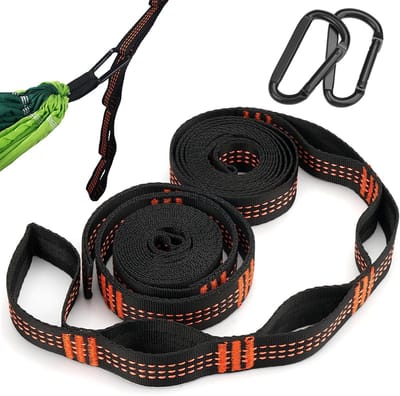 2 Pack hangmatstandaard - 2 m x 2,5 cm hangmattouw - Hangmat ophangsysteem - Camping hangmat accessoires - Met 2 stevige karabijnhaken - Sterk draagvermogen - Geschikt voor kamperen - Schommel - Waslijn ophangtouw - Oranje Zwart