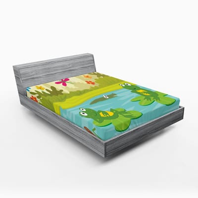 ABAKUHAUS Cartoon Fitted Sheet, zacht stoffen beddengoed rondom elastiekband, 140 x 200 cm, turquoise en meerkleurig
