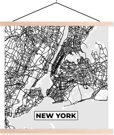 Posterhanger incl. Poster 40x40 cm - Schoolplaat - Stadskaart - Plattegrond - New York - Kaart - Zwart Wit - Textielposter - Blanke latten - Stadskaart