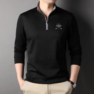 Lente Nieuw Heren T-shirt met Lange Mouwen, Modieus en Casual Effen Kleur Opstaande Kraag Katoen Lange Mouwen T-shirt XXXL