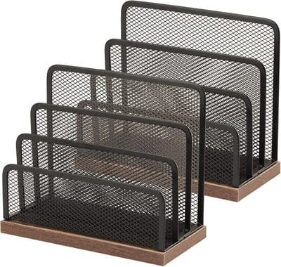 Bureau-organizer met metalen gaas en houten basis - Post- en documenthouder met 3 vakken