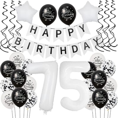Verjaardagsdecoratie 75 jaar - zwart-wit - inclusief ballonnen en slingers - feest voor man en vrouw - ShopVlot