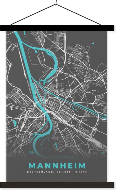 Posterhanger incl. Poster 60x90 cm - Schoolplaat - Duitsland – Blauw – Mannheim – Stadskaart – Kaart – Plattegrond - Textielposter - Zwarte latten - Stadskaart