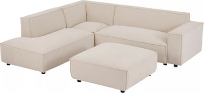 Vente-unique Grote hoekbank met hoek links en poef van beige ribfluweel BORORE