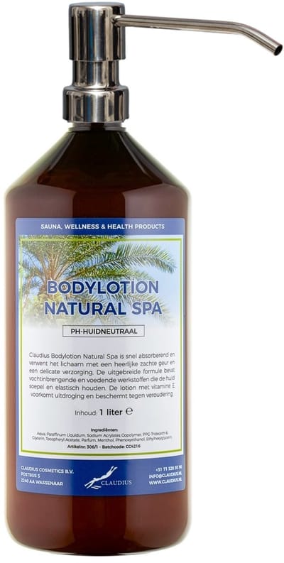 Bodylotion Natural Spa 1 Liter met luxe RVS zilverkleurige pomp - stijlvolle en duurzame uitstraling