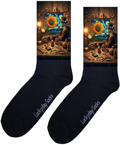 LuckyDay Socks - Kunstsokken van Gogh - Zonnebloemen - Steampunk sokken - Tandwielen print - Verjaardag cadeau - Kunst sokken - Vrolijke sokken - Schilderij sokken - Grappige sokken - Leuke dames en heren sokken - Moederdag - Vaderdag - Onesize