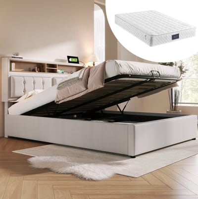MEUNIQ gestoffeerd opbergbed 140x200 met verstelbaar hoofdbord, USB-C en stopcontacten, lattenbodem en opklapbare bergruimte voor slaapkamer, beige