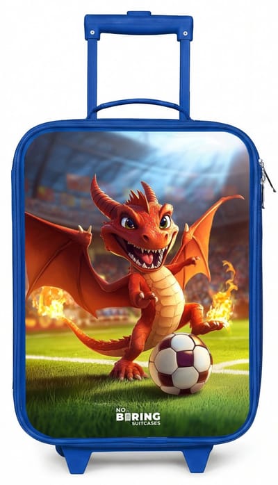 NoBoringSuitcases.com® - Kinderkoffer blauw - Kindertrolley jongen - Rode draak voetbalt in zonnig stadion - Koffer kind lichtgewicht - Reiskoffer trolley voor kinderen - Koffertje met lichtgevende wieltjes - Rolkoffer
