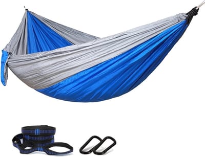 Kampeerhangmat Dubbel - Draagbare Hangmat - Buiten Ontspannen - Inclusief Bevestigingsmateriaal - Tot 300 kg - Grijs en Blauw
