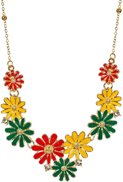 Ketting bloemetjes Carnaval rood geel groen metaal.