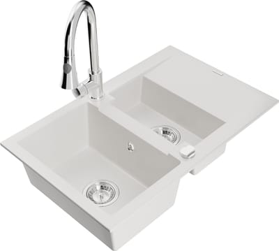 Mexen Gaspar granieten spoelbak 1,5-kamer met afdruiprek en keukenmengkraan Elia, wit - 6507-20-670101-00