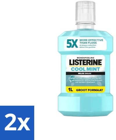 2 x Listerine – Mondwater – Cool Mint – Milde smaak zonder alcohol – 1 liter - Mondspoeling - Mondhygiëne - Tandplak - Tandvleesgezondheid - Frisse Adem