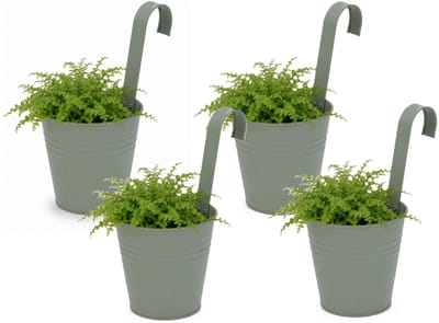 Progarden Bloempotje met haak - 4x - plantenbak zink met ophanghaak - groen - 20 x 13 x 26 cm - ophangbaar - Balkon/schutting plantenpot