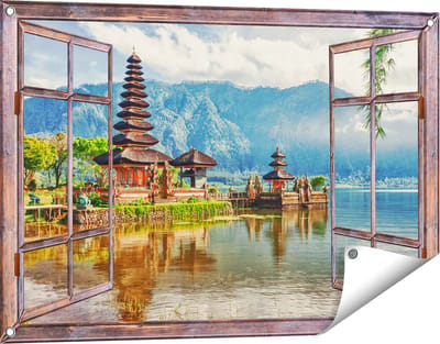 Gards Tuinposter Doorkijk Pura Tempel in Bali op het meer Beratan - 90x60 cm - Tuindoek - Tuindecoratie - Wanddecoratie buiten - Tuinschilderij