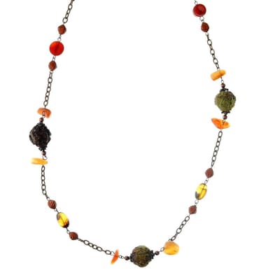 Behave Lange ketting rosé goudkleur met bruine kralen – Nikkelvrije modeketting