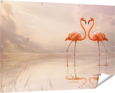 Gards Tuinposter Twee Flamingo's in een Hartjes Vorm - 150x100 cm - Tuindoek - Tuindecoratie - Wanddecoratie buiten - Tuinschilderij