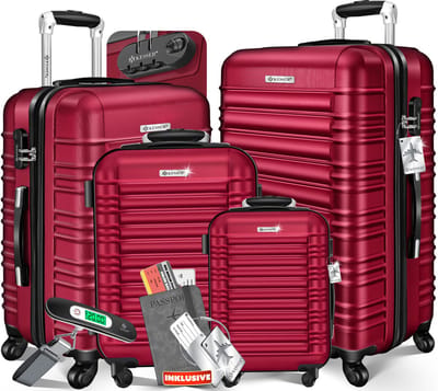 KESSER® 4x Koffer, reiskofferset, trolley koffer, incl. bagageweegschaal + bagagelabel rollend kofferslot, 4 wielen ABS, harde schaal telescoopgreep S-M-L-XL - Bordeaux