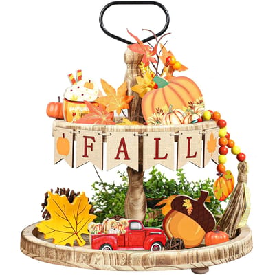 Thanksgiving Houten Gelaagde Dienblad Decoratieve Ambachten Herfst Pompoen Esdoornblad Truck Boerderij Feest beige