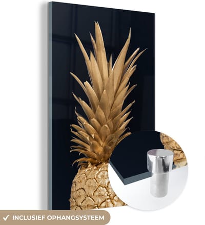 MuchoWow® Glasschilderij 20x30 cm - Schilderij acrylglas - Ananas - Fruit - Goud - Foto op glas - Schilderijen