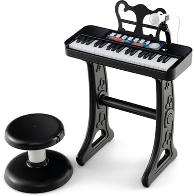 COSTWAY 37 toetsen kinderkeyboard, kinderpiano elektronisch met kruk, microfoon en muziekstandaard, kinderpiano met afneembare poten, pianotoetsenbord voor kinderen vanaf 3 jaar (zwart)