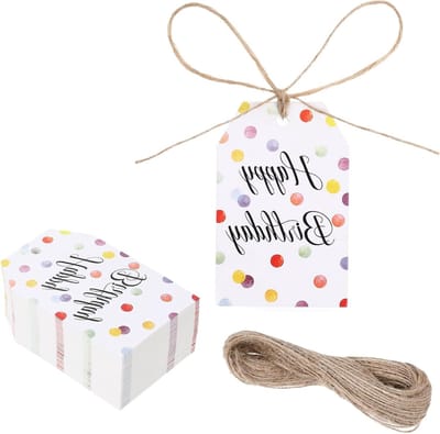 Set van 100 Verjaardag Cadeaulabels, Kraft Papier Wenskaarten met Verjaardagspendants en Stickers, Perfect voor Verjaardagsgeschenken en Feestdecoratie