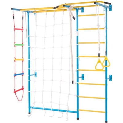 VEVOR Wandrek Gymnastiek Wandklimrek voor Peuters, 7-in-1 Klimspeelset met Zweedse Ladder van Koolstofstaal, Optrekstang & Touwladder & Gymnastiekringen Draagvermogen 100 kg Meerkleurig