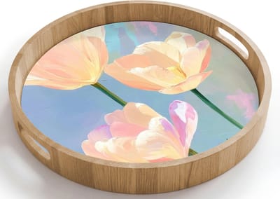 Dienblad rond 40x40 cm - Schootdienblad hout - Tulpen - Roze accenten - Blauw - Borrelplank rechthoek - Plateau houten dienbladen
